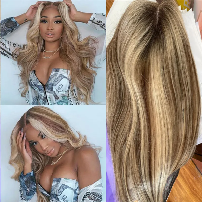 Highlight #613 Color Topper Human Hair 8-16inches Straight Hair lace +Machine  Hair Pieces Glueless Human Remy Hair for Women
