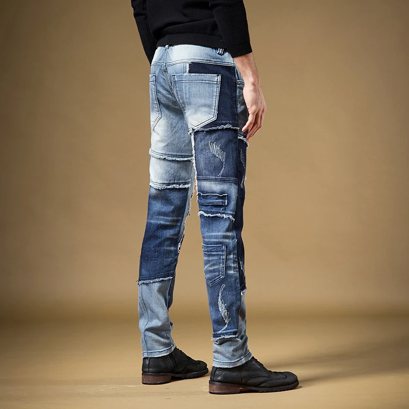 Men Blue Patchwork Jeans Retro Stretch Straight Pants Cotton Slim Fit Jean Streetwear Denim Trousers