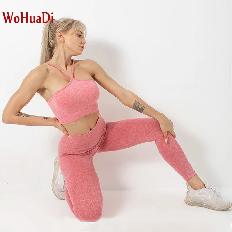 

WOHUADI сексуальный бесшовный спортивный женский комплект для занятий йогой и бегом, спортивный бюстгальтер + леггинсы с высокой талией