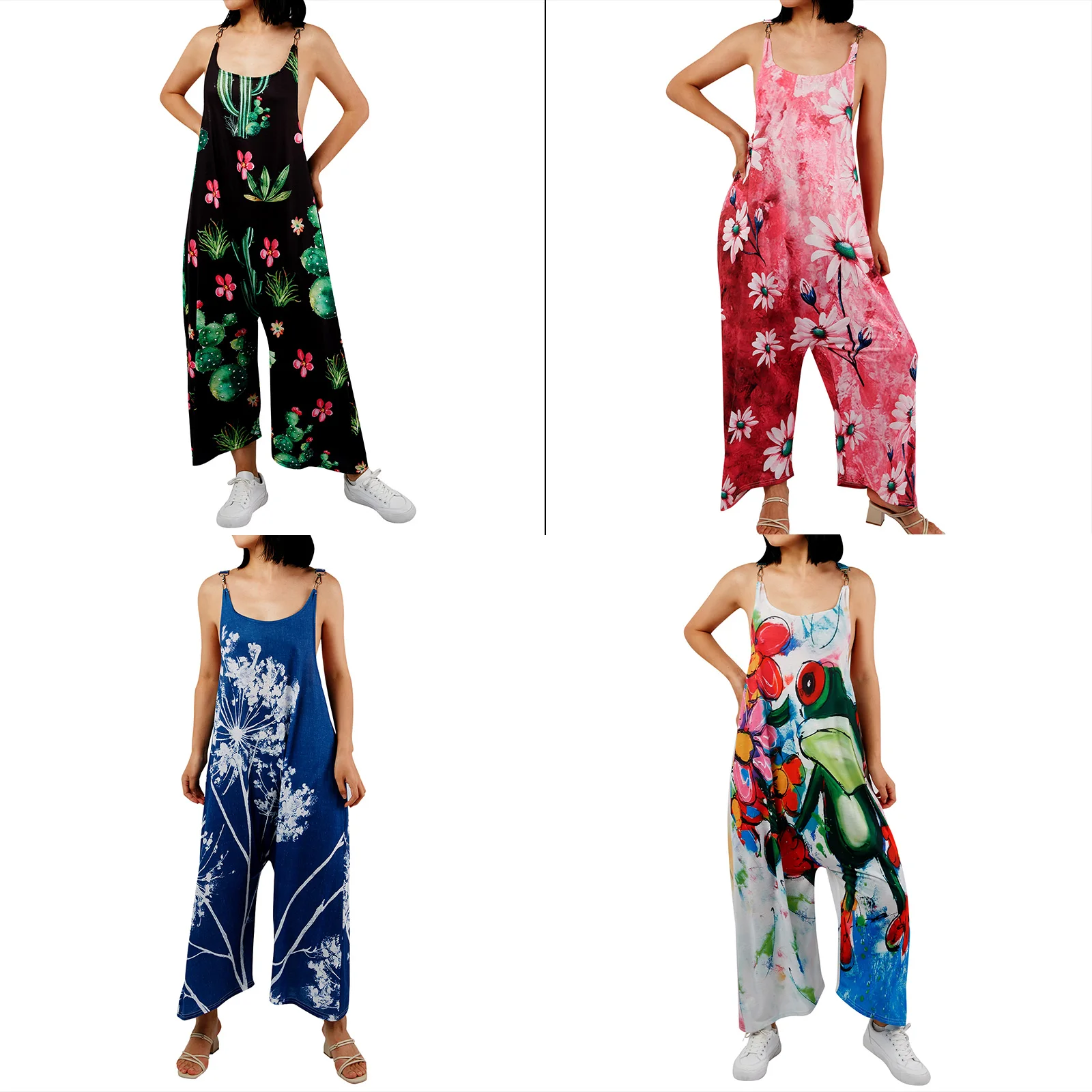 

Women Summer Overalls, Floral Print Sleeveless Backless Loose Suspenders Lenght Pants for Girls, 6 Colors