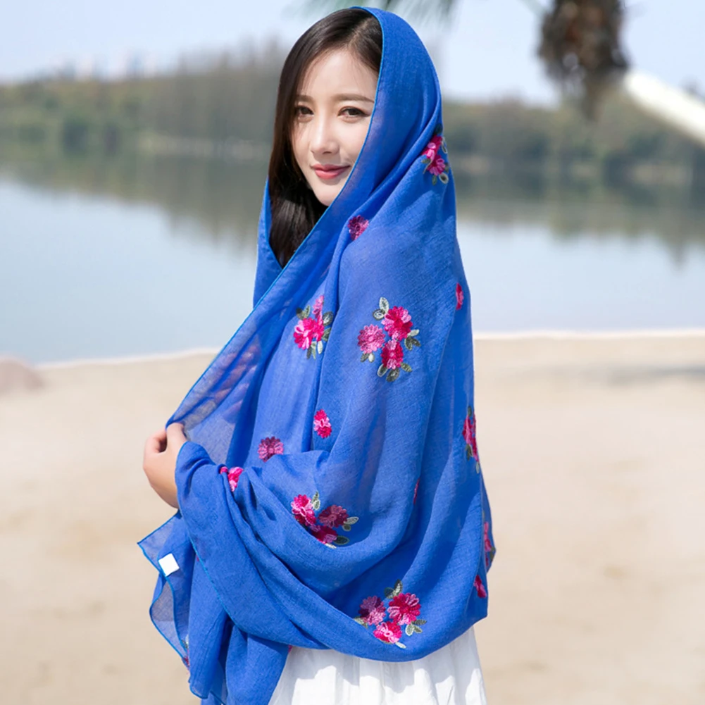 

2020 New Women Solid Color Scarf Cotton Linen Floral Pattern Shawls and Wraps Soft Warm Female Muslim Head Scarves