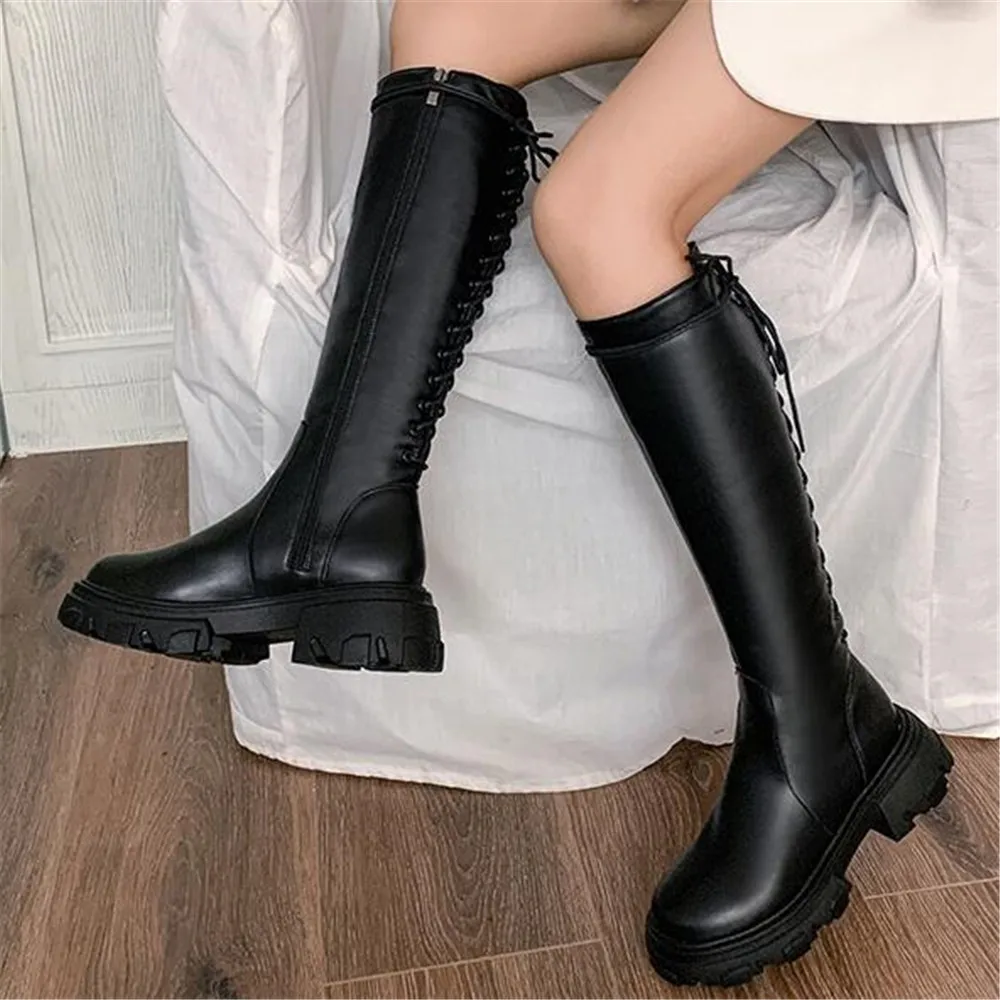 

Black Pu Leather Knee High Boots Women 2020 Winter Warm Cross Strappy Slim Long Boots Female Platform Thick Sole Motorcycle Boot