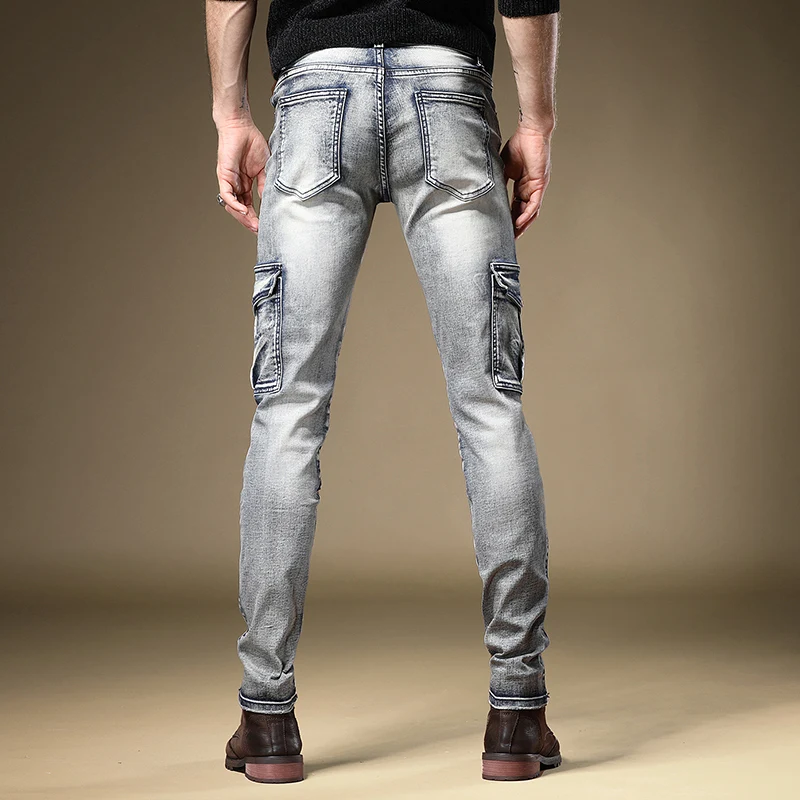

Men Jeans Retro Stretch Straight Pants Slim Fit Streetwear Motorcycle Light Blue Denim Trousers
