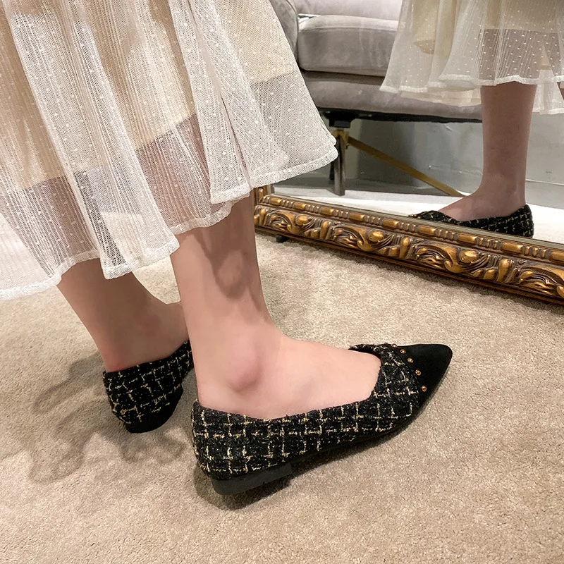 

GQPJFI Fashion Pointed Toe Shoes Spring 2020 Spring Summer New Rivet Shallow Mouth Fairy Flat Small Fragrance Style Women's Shoe