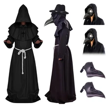 Halloween Medieval Hooded Robe Plague Doctor Costume Mask Hat For Men Monk Cosplay Steampunk Priest Horror Wizard Cloak Cape