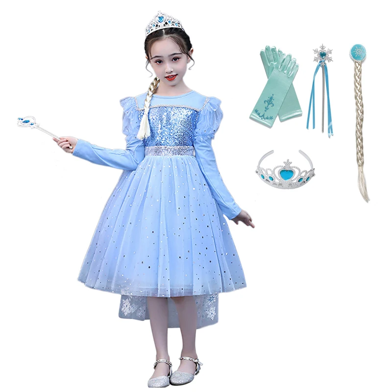 

VOGUEON Elsa Dress Girls Long Sleeve Sequins Snow Queen Princess Halloween Party Cosplay Costume Kids Fancy Elza Vestido Infant