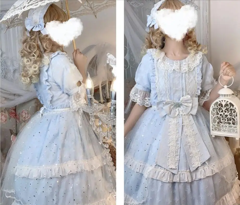 Ретро готический дворец Лолита op лоли cos сладкий платье в стиле «Лолита» летние kawaii для девочек свежий кружевной бант с О-образным вырезом платье в викторианском стиле