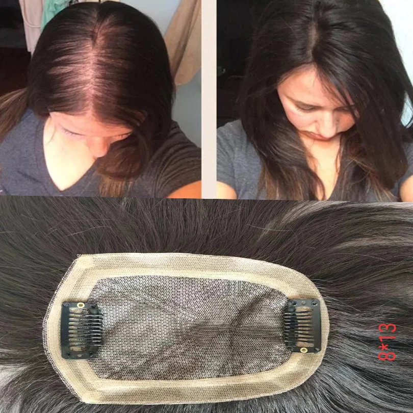 Women Toupee Straight Intermediate Part Silk Base With Clips In Hair Hairpiece Volume Extension Remy Human Hair Natural