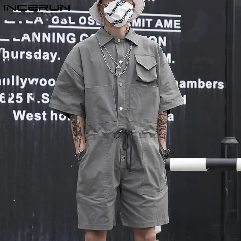 

INCERUN 2021 Men Cargo Overalls Short Sleeve Loose Multi Pockets Fashion Casual Rompers Solid Drawstring Streetwear Jumpsuit 5XL