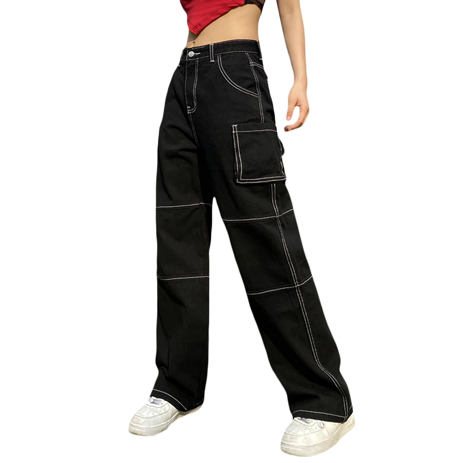 

Female Jeans, Women s High Waist Trousers Long Straight-Leg Pants with Pockets for Spring Summer, Black, S/M/L