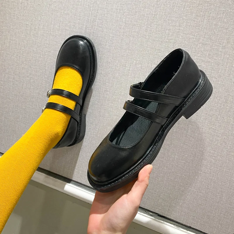 

2021 Fashion Japanese Women Mary Janes Double Strap Faux Leather Lolita Shoes Black Casual Shoes College Student School Shoes
