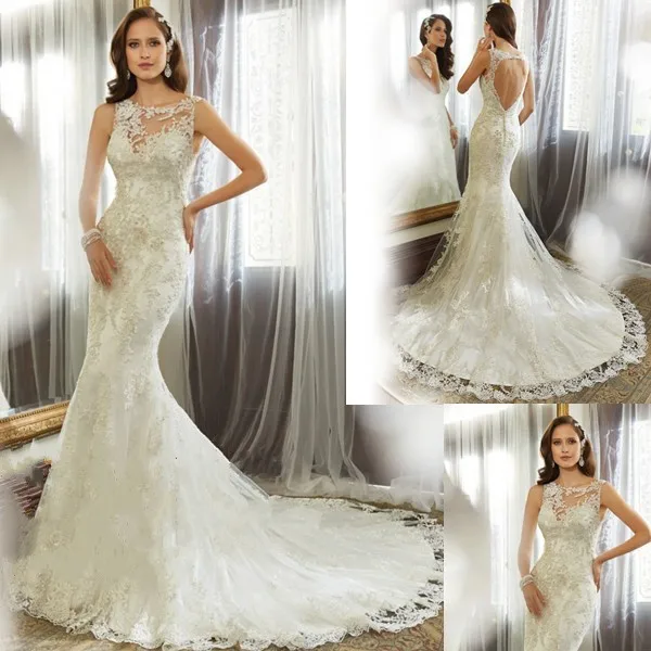 

Женское кружевное платье-русалка, платье невесты с открытой спиной и аппликацией, 2018