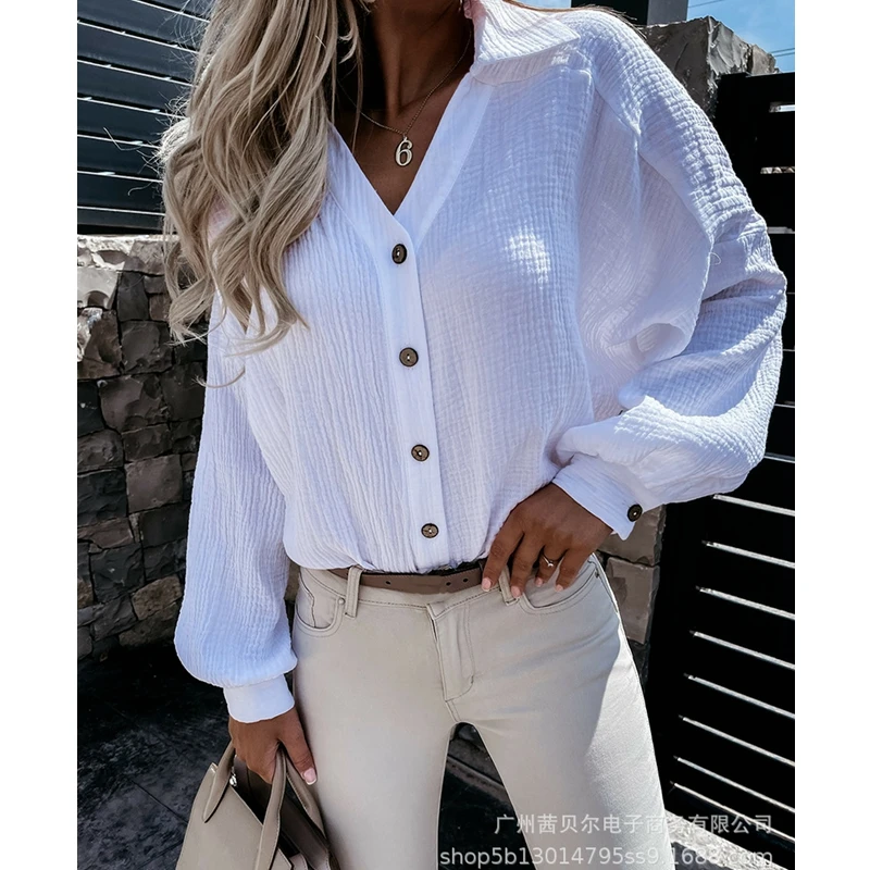 

WEPBEL Fashion Long Sleeve Shirt Women's Casual Solid Color Loose Shirt Summer V-neck Single Breasted Shirt Top