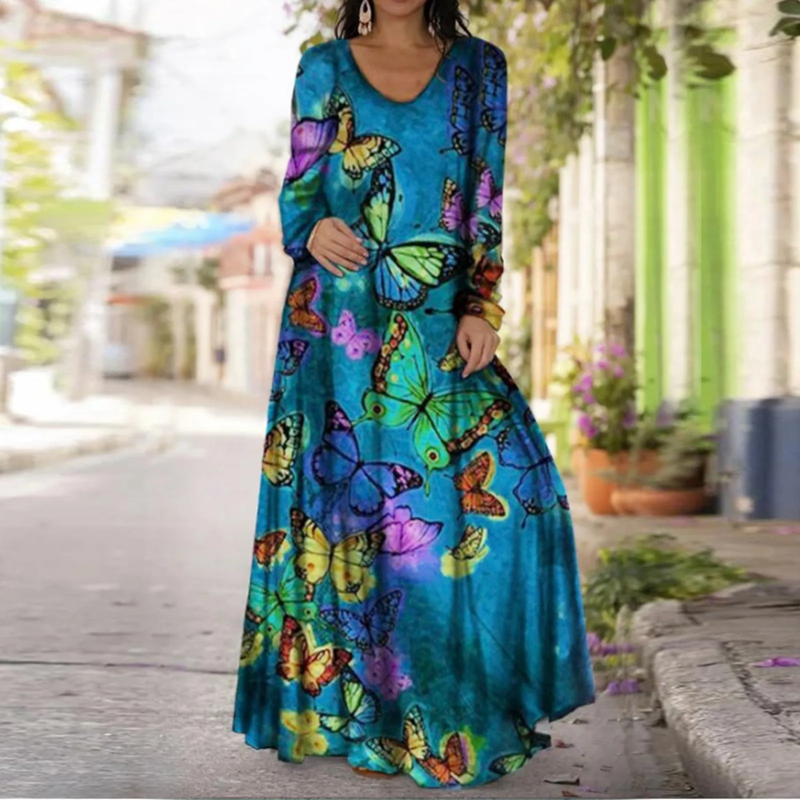 Винтажное осеннее Свободное длинное платье с принтом бабочки женское свободное