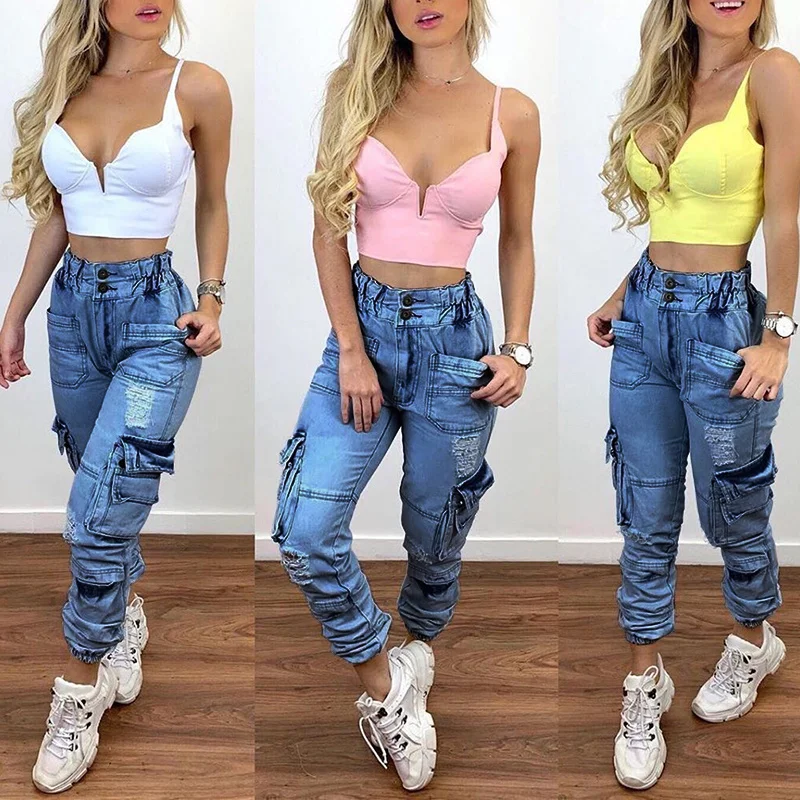 

Women's high waist jeans, large loose jeans, washed, blue, autumn and winter, 2020