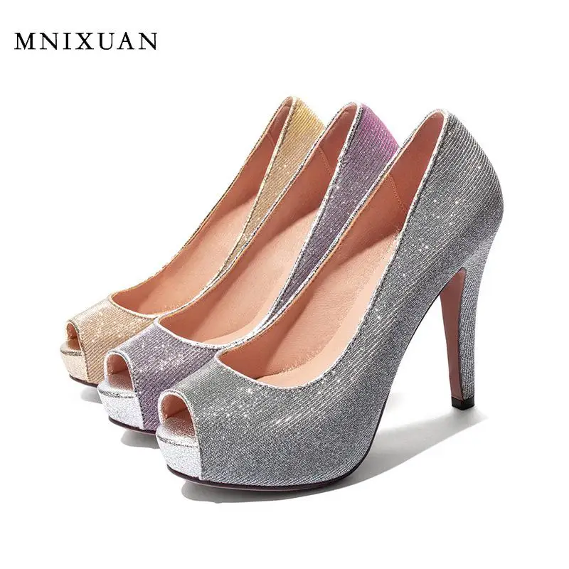 Женские туфли с открытым носком MNIXUAN вечерние серебристого цвета на очень