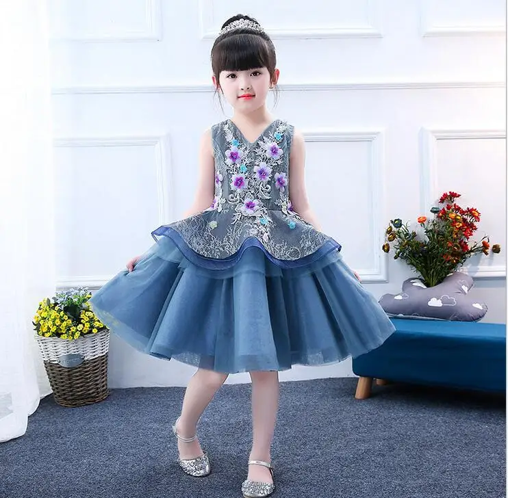 Горячая 3D вечерние платья в виде цветка для девочек 2 Слои цветочной аппликацией