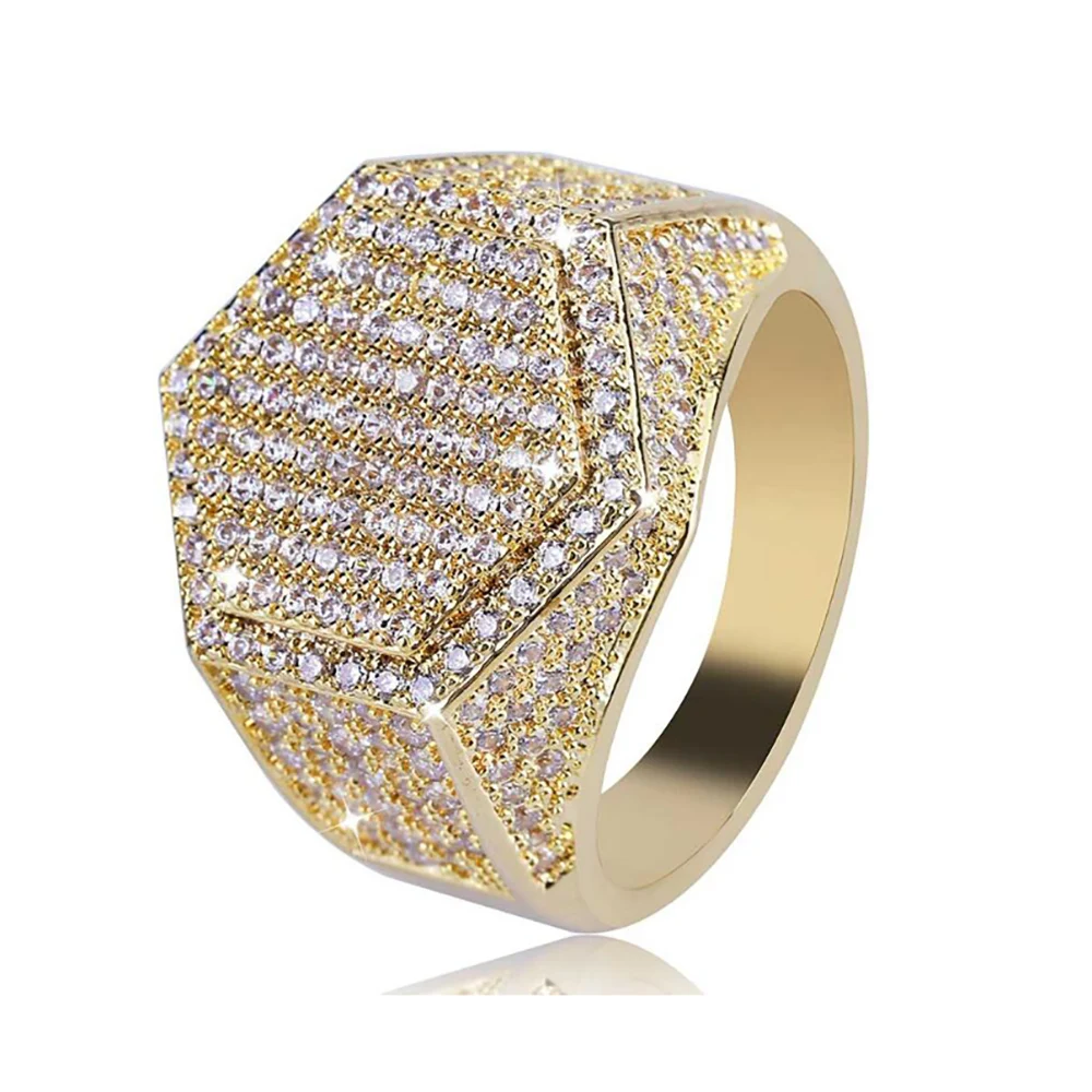 

Hip Hop Gold Iced Out Hexagon Star Men Ring Street Dance Jewelry Gift Size 7-11