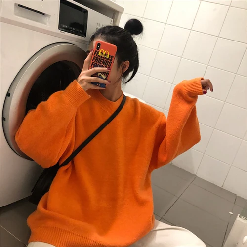 orange Зимние женские свитера уличная свободная круглая горловина с длинным рукавом трикотажные джемперы корейский шик женские кашемировые пуловеры Harajuku - Цвет: orange