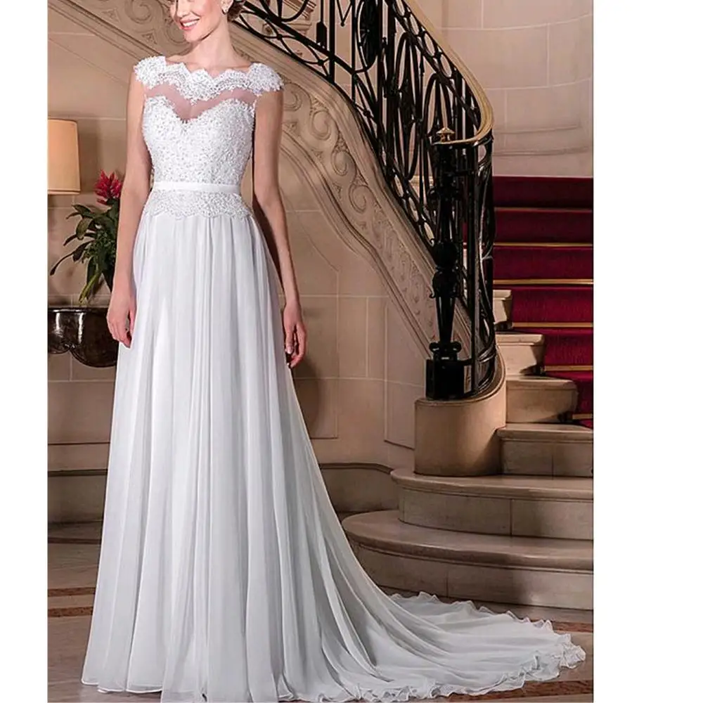 

Modest White Chiffon Backless Beading A-line Robe De Mariee Scoop Court Train Long Sleeves Custom-Made Wedding Dresses 2019