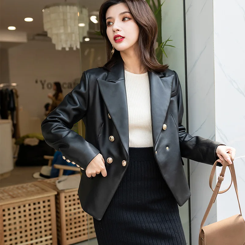 Office Lady Genuine Leather Coat High Quality Black Sheepskin Leather Jacket Double Breasted Long Sleeves Winter Overcoats Short