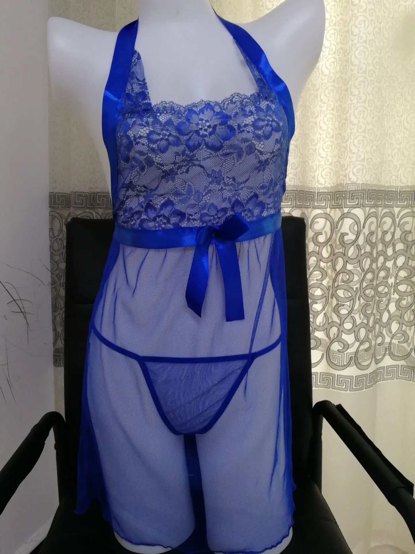 Сексуальная Женская пижама экзотическое платье с синим кружевом сексуальное