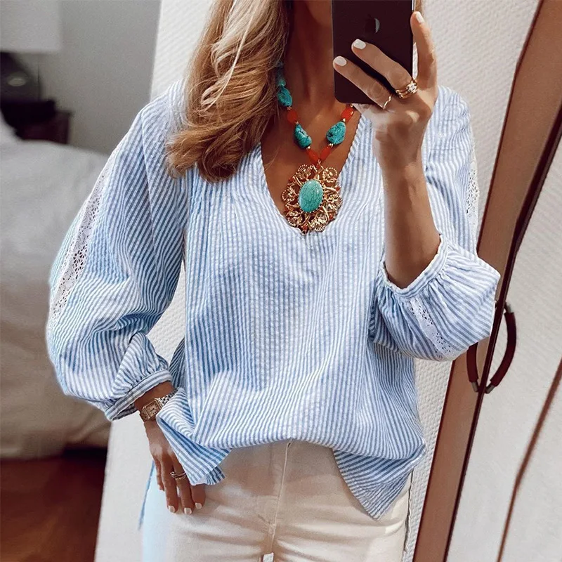

Spring Autumn Women V Neck Loose Full Sleeve Tops Elegant Striped Patchwork Lace Casual Shirt Retro Female Pullover Streetwear