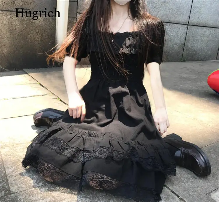 

Japanese Harajuku Summer Women Black Mini Dress Square Collar High Waist Puff Sleeve Dress Gothic Lace Ruffles Cosplay Dresses