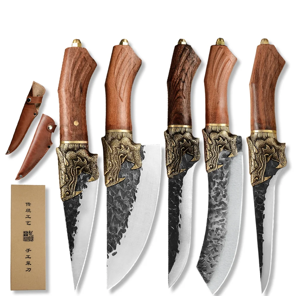 

Chinese Slicer High Qanlity Dragon Handle 6'' Slicing 7'' Boning 5'' Paring 6.5'' Utility Knife Leather Cover Heavy Duty