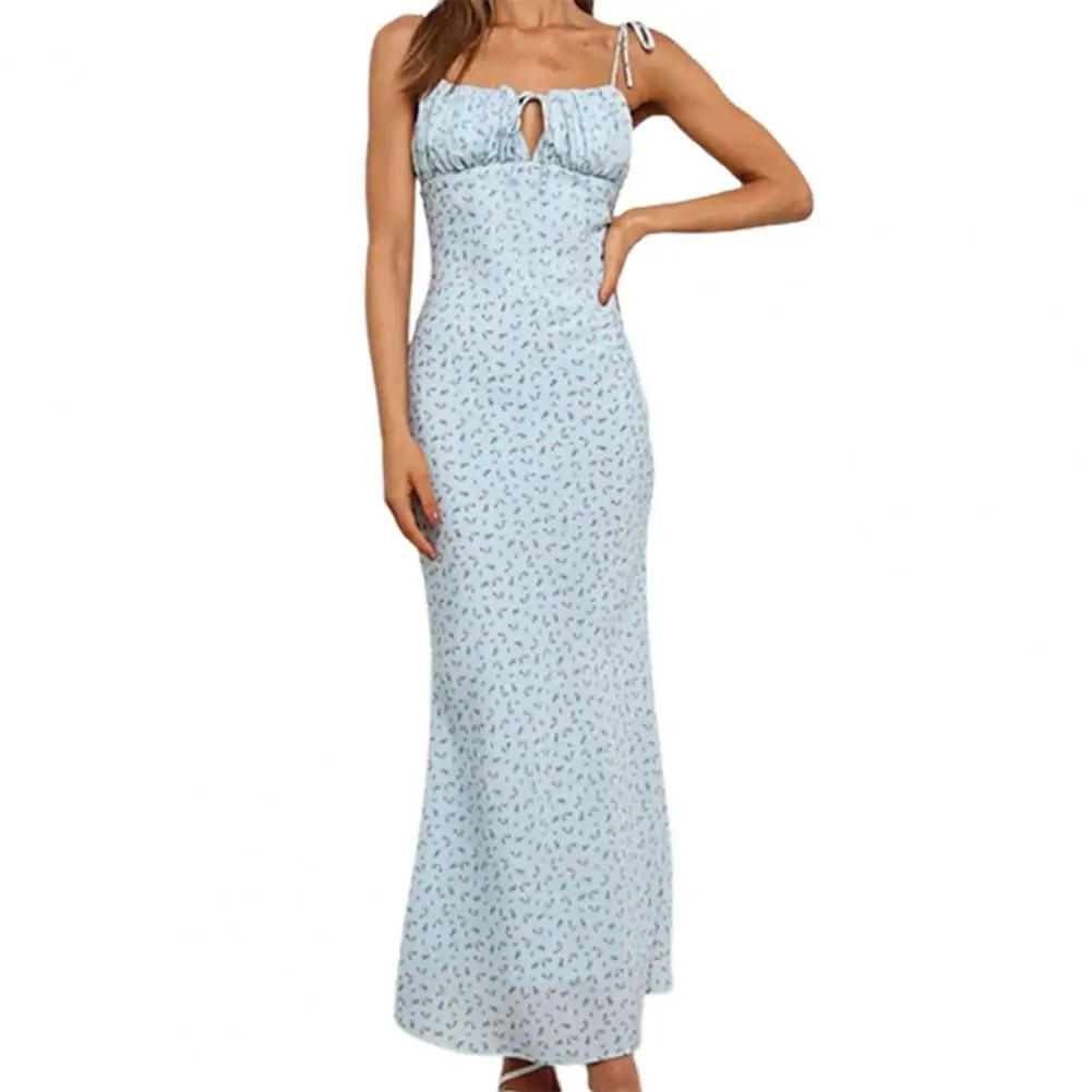 

Women Dresses 2021 Summer Mid Dress Floral Print Tie Front Backless Sling Slim Women Maxi Dress Sundress for Beach