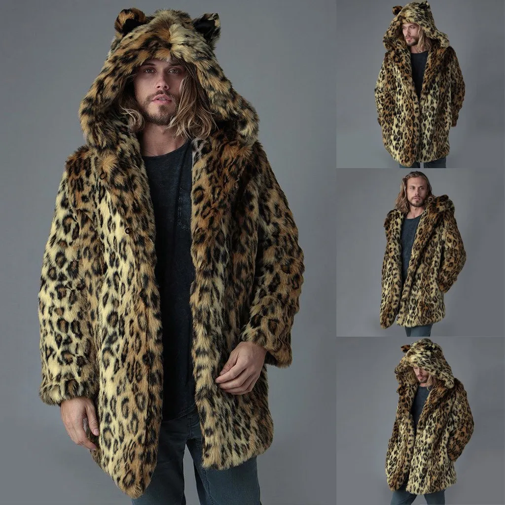 Роскошное зимнее мужское длинное пальто из искусственного меха с леопардовым