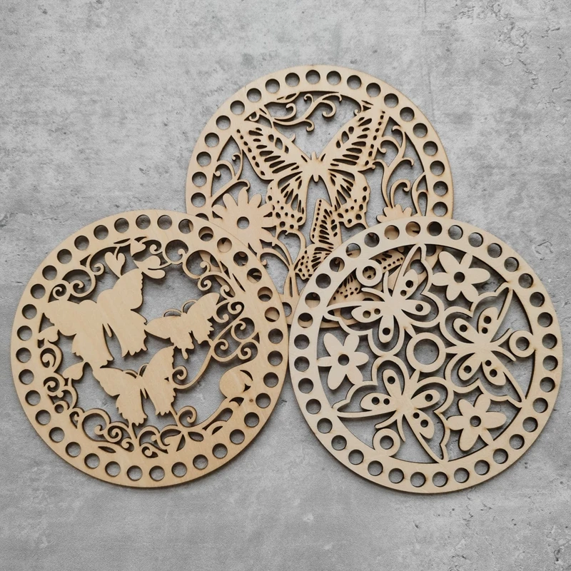 

20pcs Butterflies Round Bottoms Wood Base for Crochet Basket Circle Wood Shape with Holes Diy Knitting Base