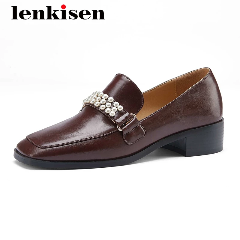 

Lenkisen gladiator cow split leather pearl decorations all-match square toe thick med heel slip on pretty girls women pumps L20