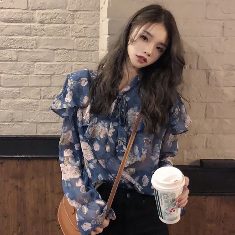 

HStar Women 2020 New Floral Print Blouse Long Sleeve Korean Vintage Shirt Female Causal Cute Tops Ruffle Blusas