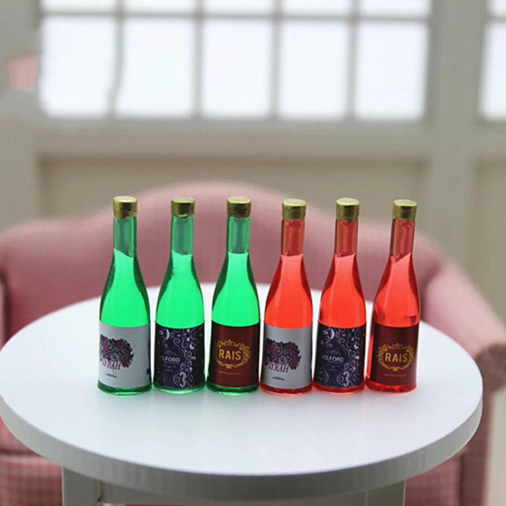 

6Pcs 1/12 Doll House Miniature Resin Wine Bottle Simulation Drinks Model Toys for Mini Decoration Dollhouse Accessories