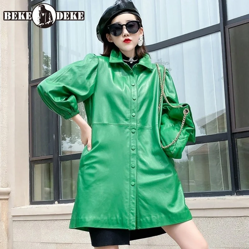 

Женская длинная офисная куртка, Элегантное однобортное пальто из 100% натуральной овечьей кожи с пышными рукавами, свободная ветровка в уличном стиле