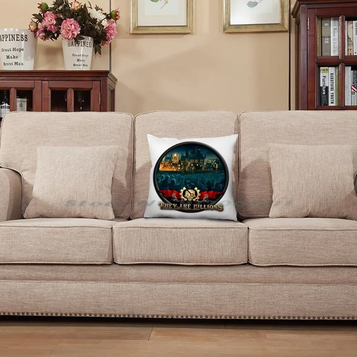 Подушечка для игровой подушки They Are Billions из хлопкового льна с колесами игр и черепами.