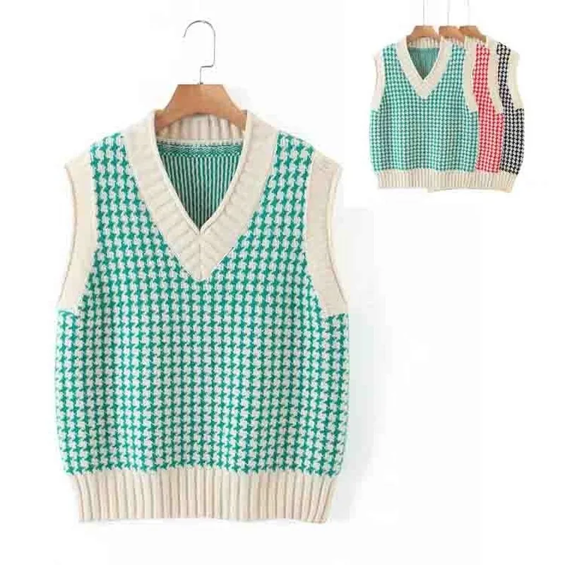 

Small sweet college style classic houndstooth knitted vest vest for women autumn winter women's V-neck sleeveless sweater vest