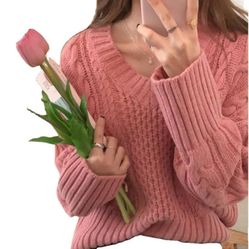 

Women Autumn Winter New Fashion Solid Color Knitted Sweet Sweater Female Thick Warm V-Neck Pullovers Ladies Brand Loose Top M546