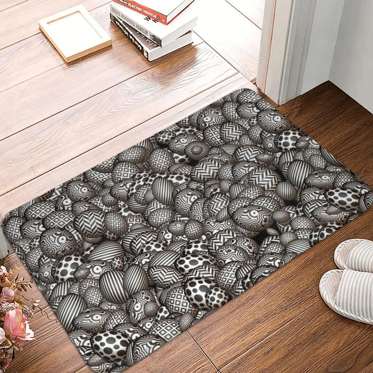 

Bath Mat Black And White Abstract Pattern Cobblestone Texture Rug Carpet Doormat Anti-slip Absorbent Entrance Living Room Home