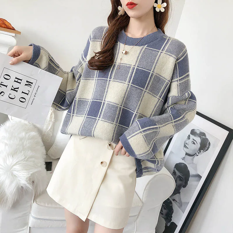 Женский клетчатый пуловер свитер для студенток Осень-зима 2020 новые свободные