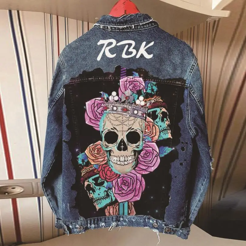 Дизайнерская джинсовая куртка с принтом черепа и цветов Женская свободная