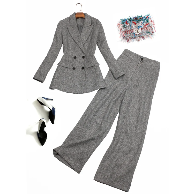 Grey Pants For Women Autumn Winter Wool Formal Business Suits Ladies Clothes Jackets & Coats Long Trousers Two Piece Set