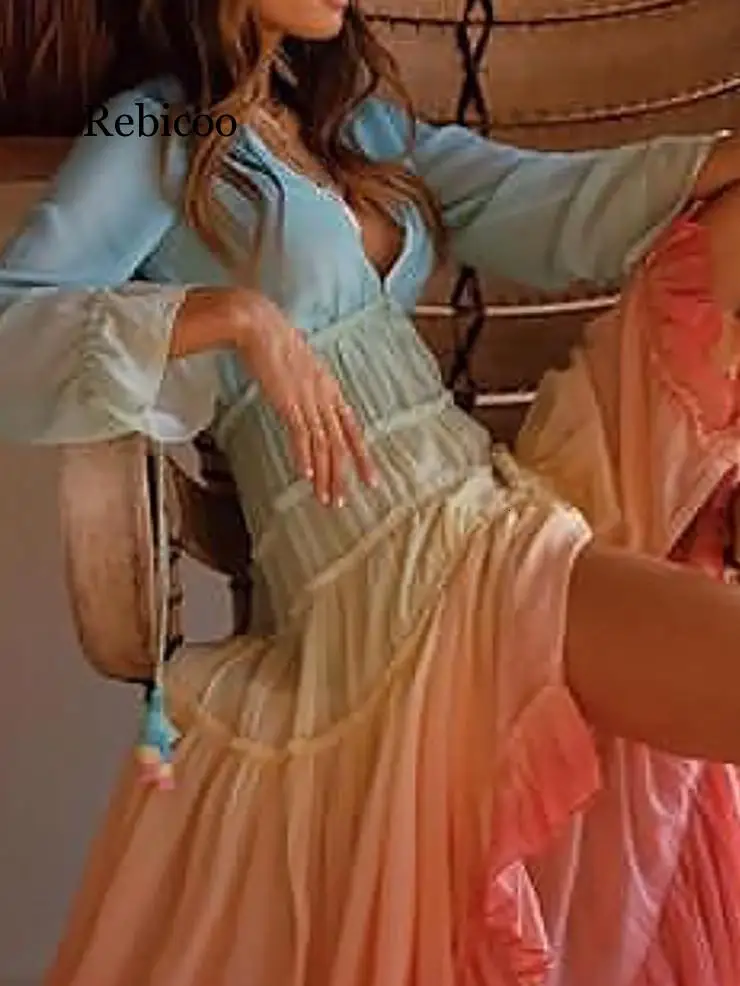 Женское осеннее платье Бохо с длинным рукавом свободное оборками длинное