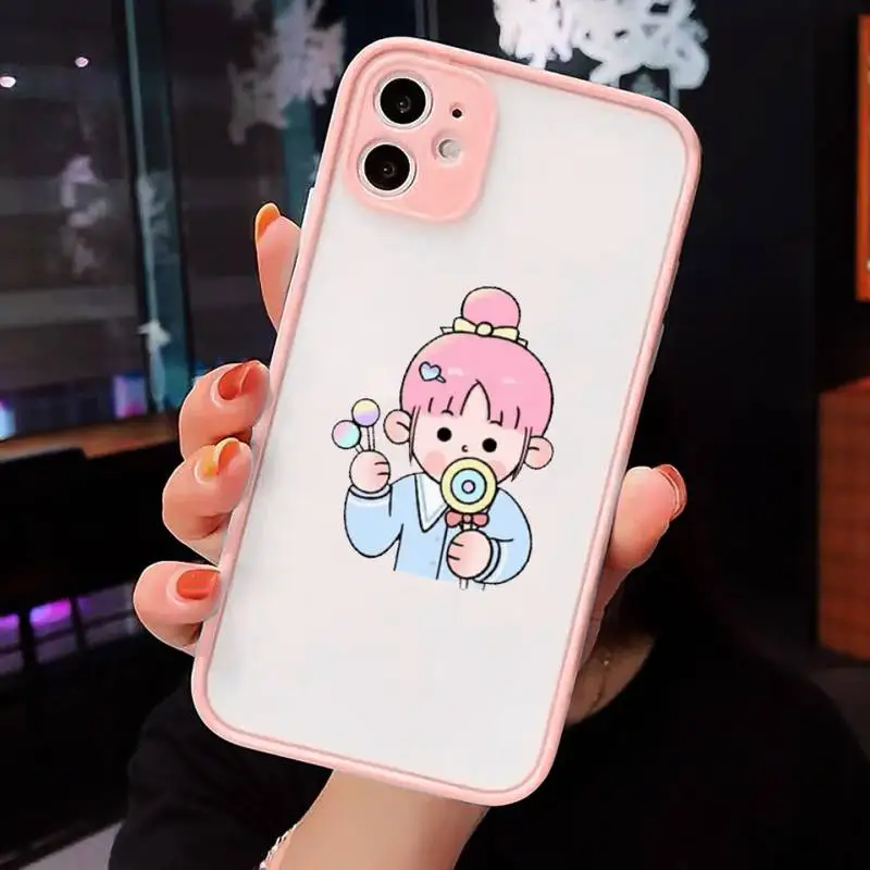 

Cartoon cute flower snack girl Phone Case For iPhone 12 11 Mini Pro XR XS Max 7 8 Plus X Matte transparent Pink Cover
