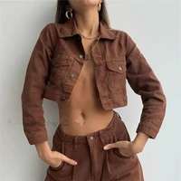 2021 fashion streetwear autumn vintage brown y2k womens cropped denim jackets single breasted turn down collar female jacket