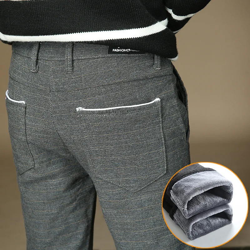 Мужские Стрейчевые брюки с теплым флисовым платьем фланелевой подкладкой черные