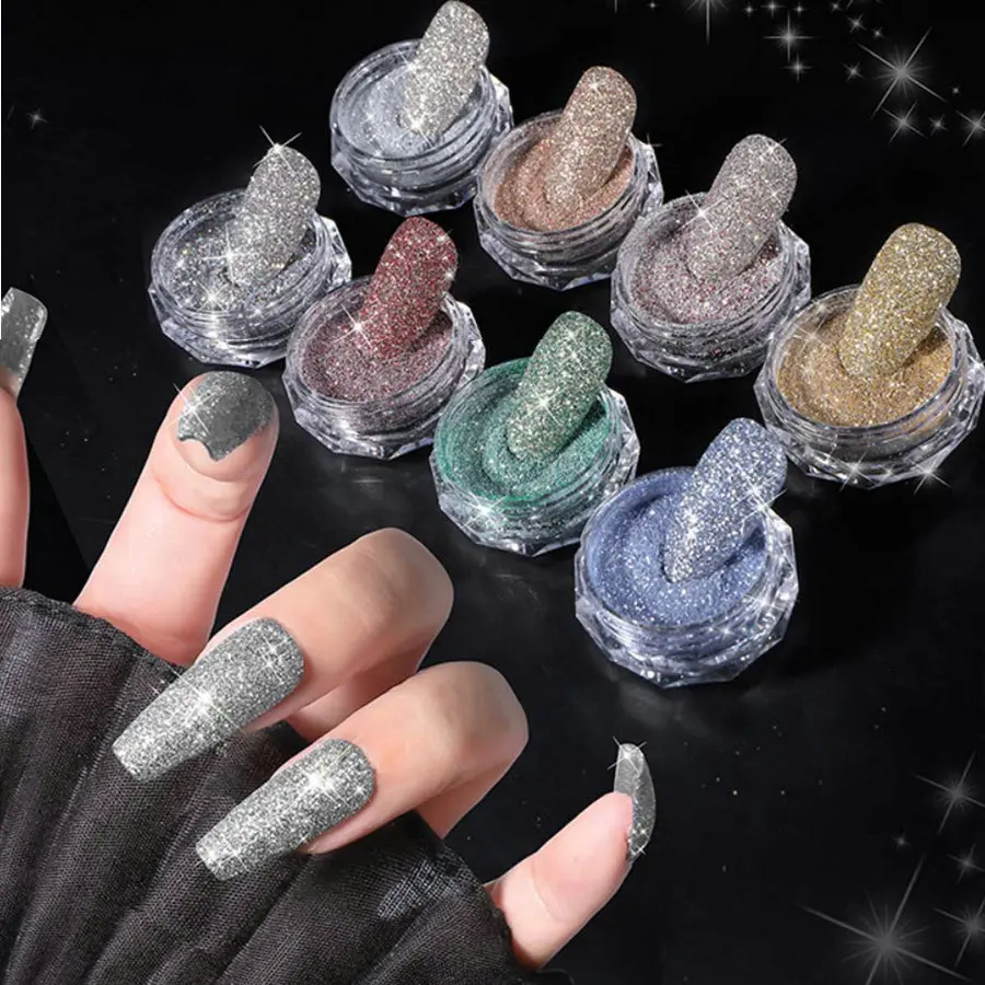 

Блестящий Порошок для ногтей с кристаллами и бриллиантами, 8 цветов, светоотражающий Блестящий пигмент с голографическим эффектом, стекло, ...