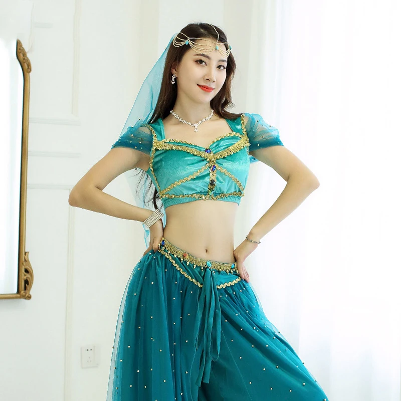 2021 New Halloween Costume Female Jasmine Princess Cosplay Clothing Carnival Festival Bollywood Belly Dance Wear Veip Top Pants