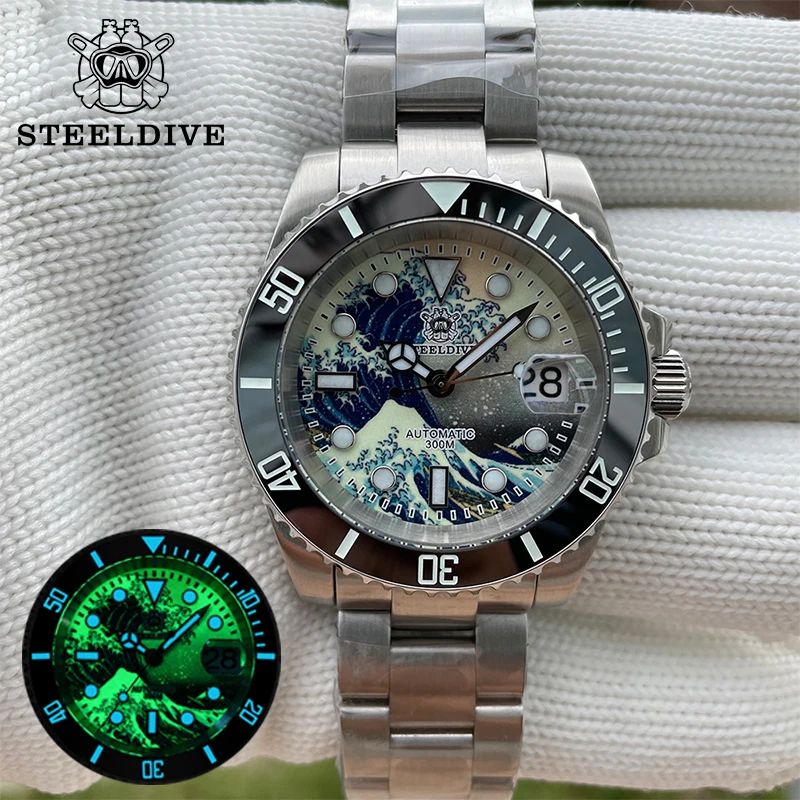 

Часы для дайвинга STEELDIVE SD1953J water ghost, полностью светящиеся часы Kanagawa с серфинговым циферблатом NH35, автоматические механические мужские часы ...